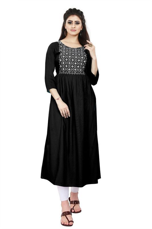 Women Embroidered Viscose Rayon Flared Kurta  (Black)