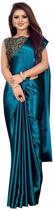 Solid Bollywood Satin Saree  (Dark Blue)