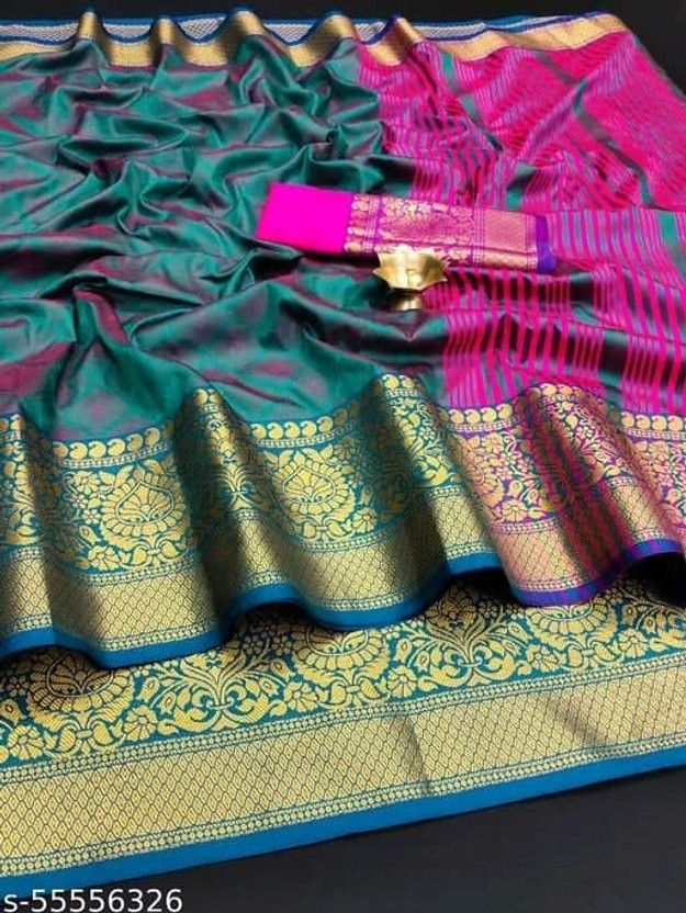 Striped Kanjivaram Art Silk Saree  (Green)