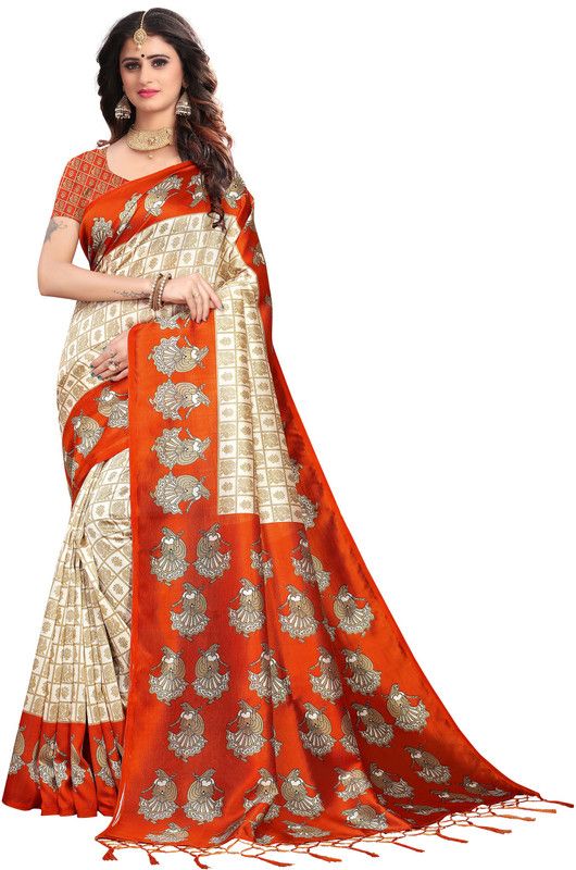 Printed, Self Design, Floral Print, Checkered Bollywood Silk Blend, Cotton Silk Saree  (White, Orange)