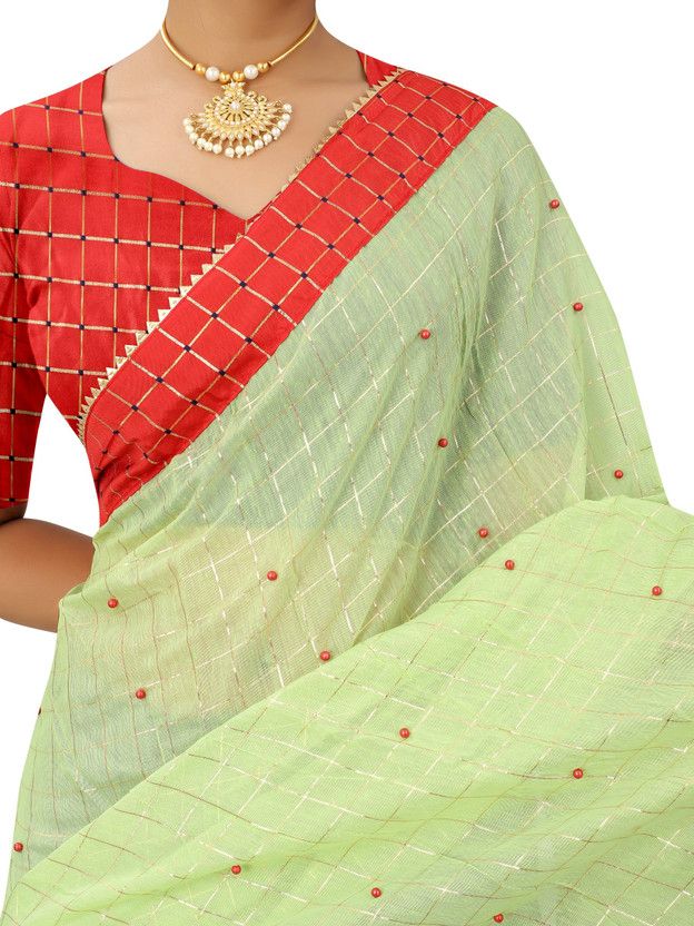 Embroidered Chanderi Cotton Blend Saree  (Light Green)