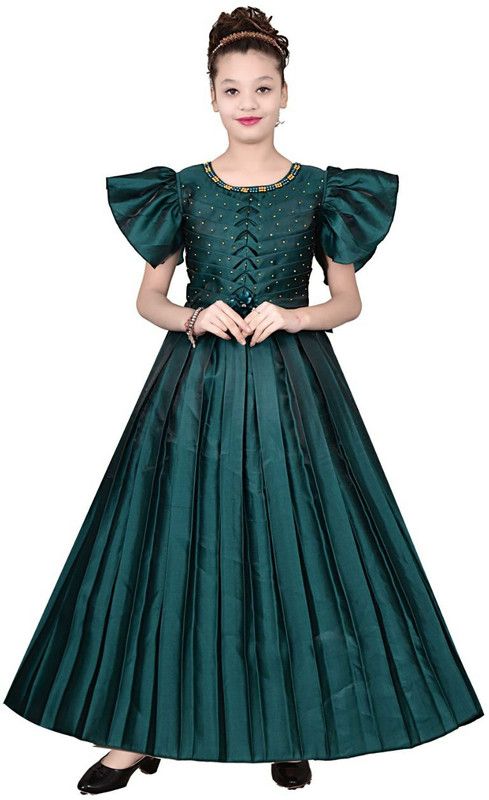 Girls Maxi/Full Length Casual Dress  (Green, Sleeveless)