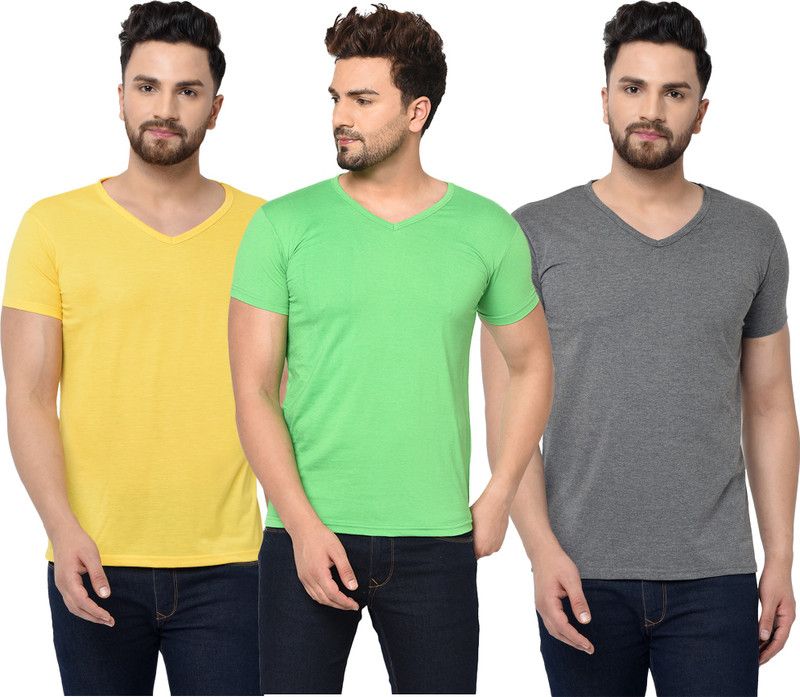 Pack of 3 V neck Combo T-shirts Multicolor Men Solid V Neck Cotton Blend Green, Grey, Yellow T-Shirt