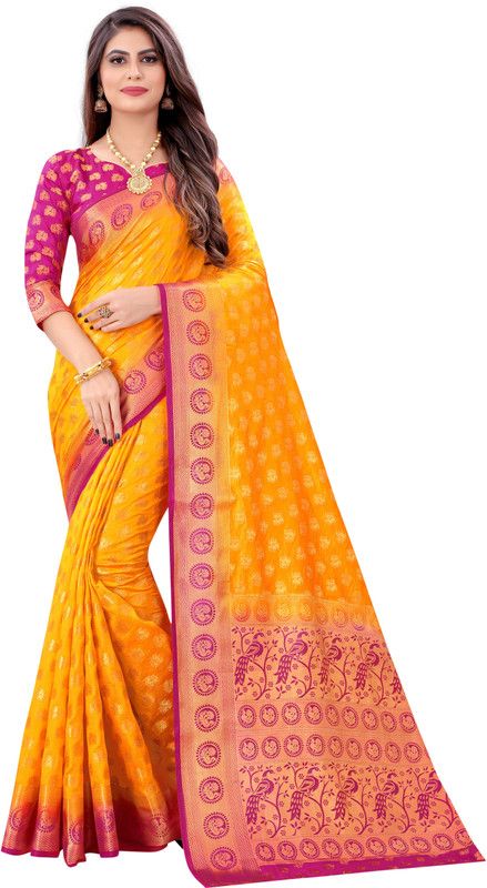 Self Design Kanjivaram Cotton Silk Saree  (Yellow)