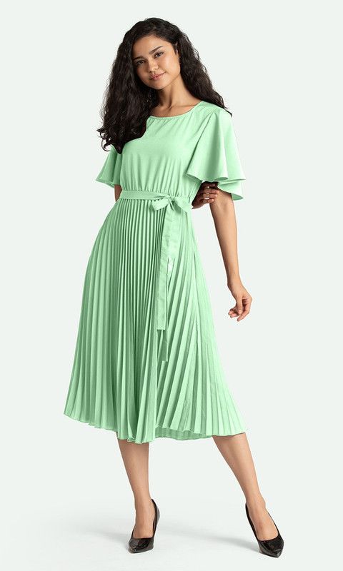 Women Pleated Light Green Dress