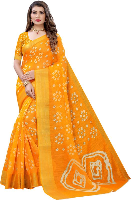 Printed Bandhani Cotton Linen Saree  (Yellow)