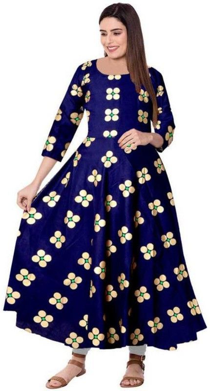 Printed Rayon Blend Stitched Flared/A-line Gown  (Gold, Green, Dark Blue)