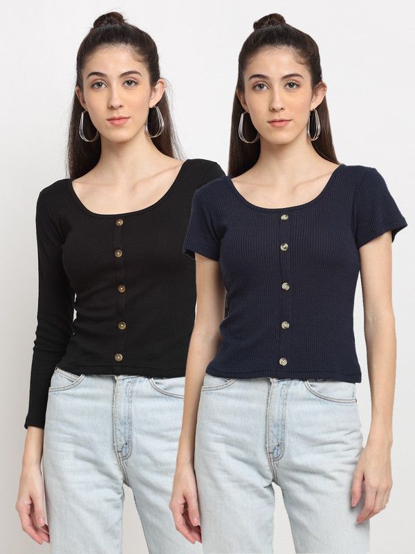 Pack of 2 Casual Cape Sleeves Solid Women Dark Blue, Black Top