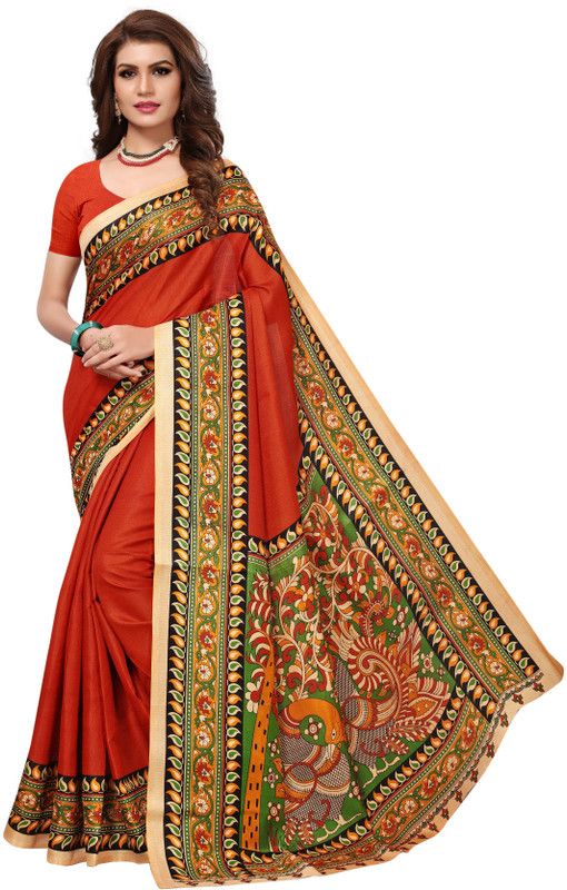 Printed Kalamkari Silk Blend, Art Silk Saree  (Red)