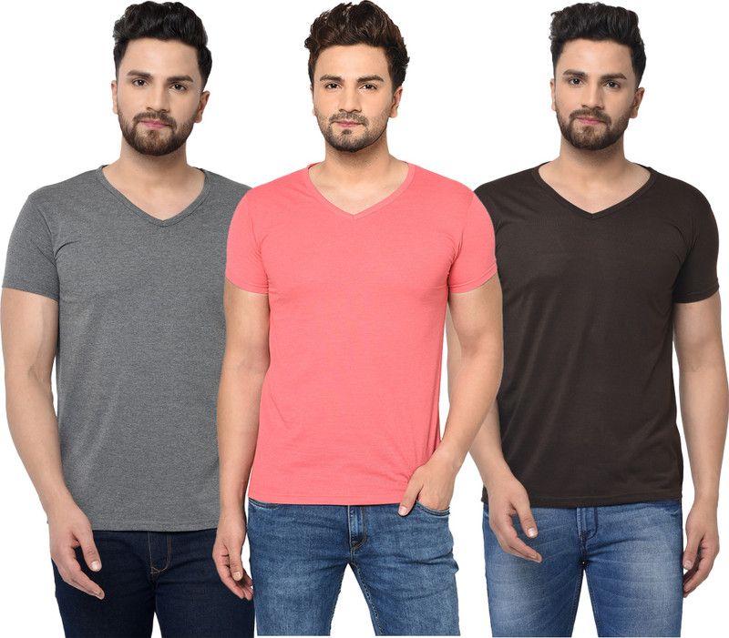 Pack of 3 Men Solid V Neck Cotton Blend Brown, Pink, Grey T-Shirt