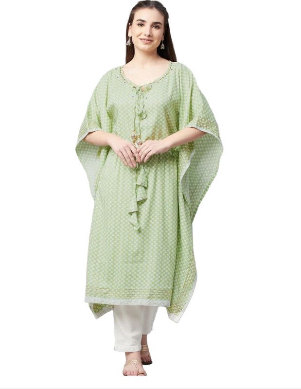 Women Printed Viscose Rayon Kaftan Kurta  (Green, Light Green)