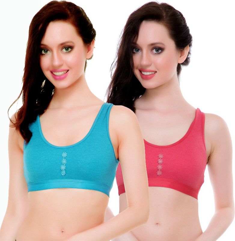 Pack of 2 Women Sports Non Padded Bra  (Light Blue, Red)