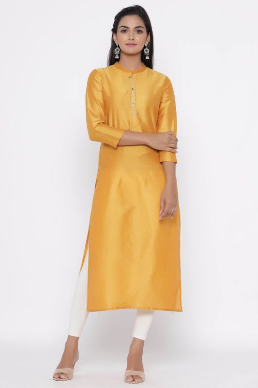 Women Solid Silk Blend Straight Kurta  (Yellow)
