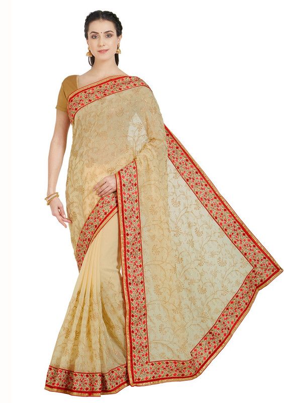 Embroidered Bollywood Georgette Saree  (Cream)