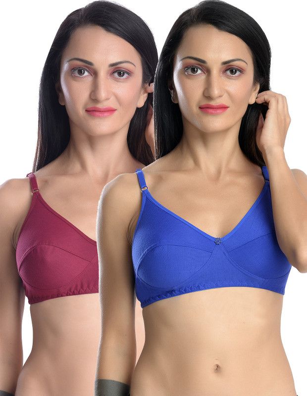 Women Non-Padded Bra, Full coverage, Solid, Pack of 2 Combo Women T-Shirt Non Padded Bra  (Blue, Maroon)