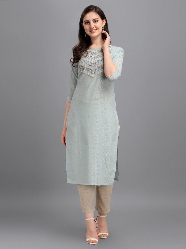 Women Embroidered Pure Cotton Straight Kurta  (Light Blue)