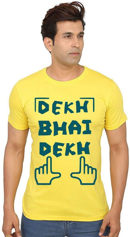 Dekh Bhai Dekh Men Graphic Print Round Neck Pure Cotton Yellow T-Shirt