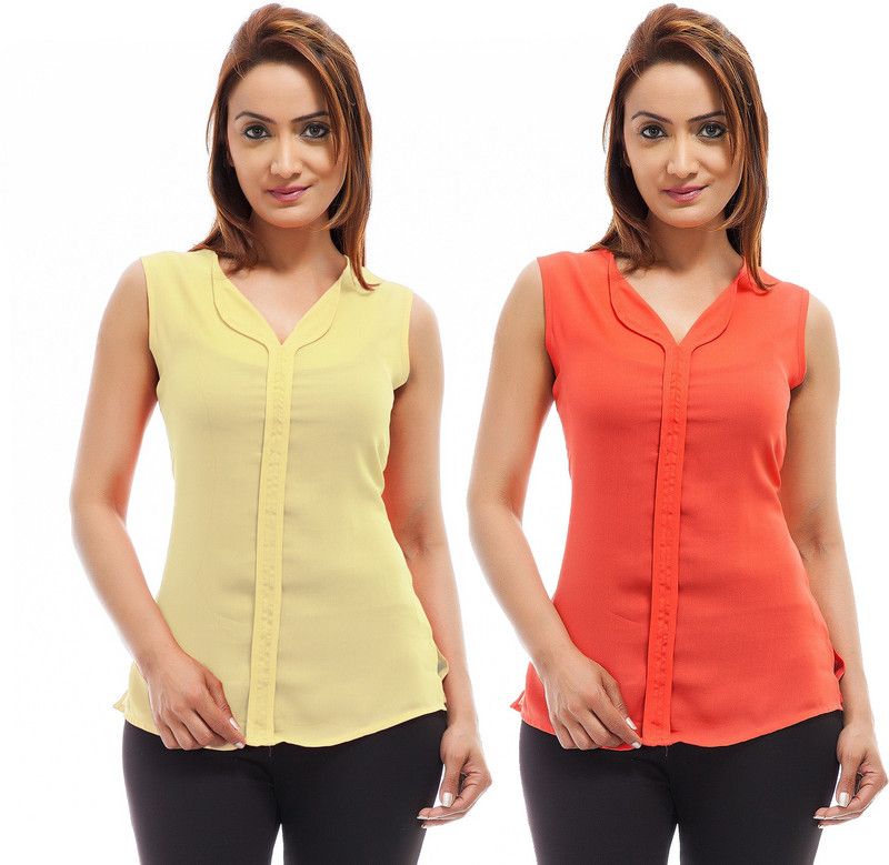 Pack of 2 Casual Sleeveless Solid Women Orange, Yellow Top