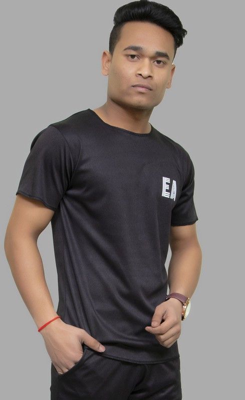 Abhishek Men Self Design Round Neck Poly Cotton Black T-Shirt