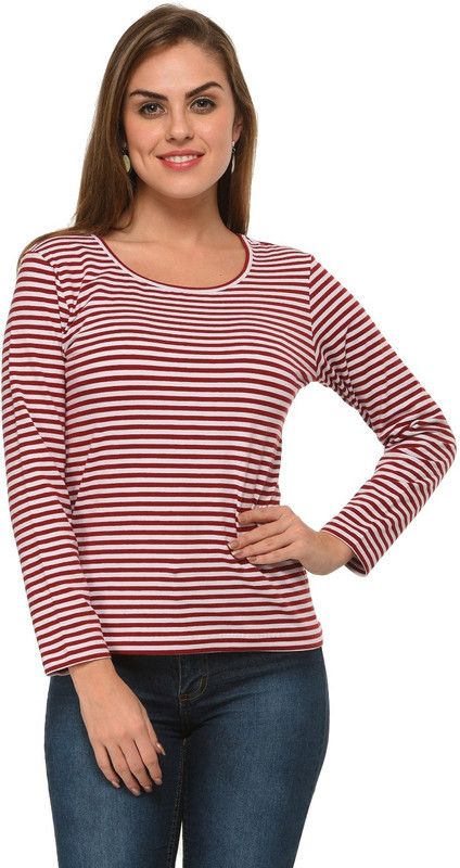 Casual Regular Sleeves Striped Women White, Maroon Top