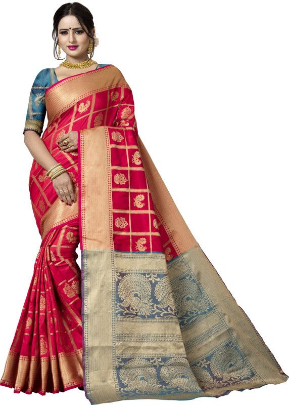 Woven Kanjivaram Cotton Blend, Cotton Silk Saree  (Red, Grey)