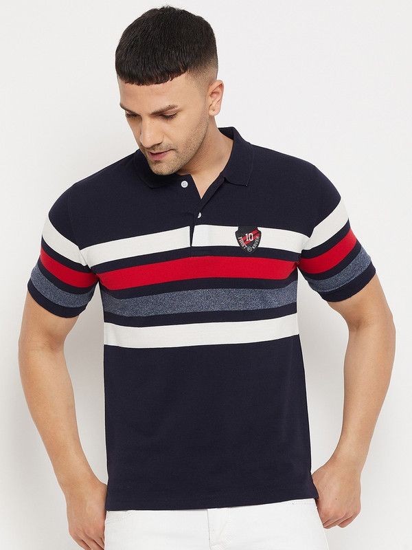 Men Graphic Print, Solid Polo Neck Cotton Blend Navy Blue T-Shirt
