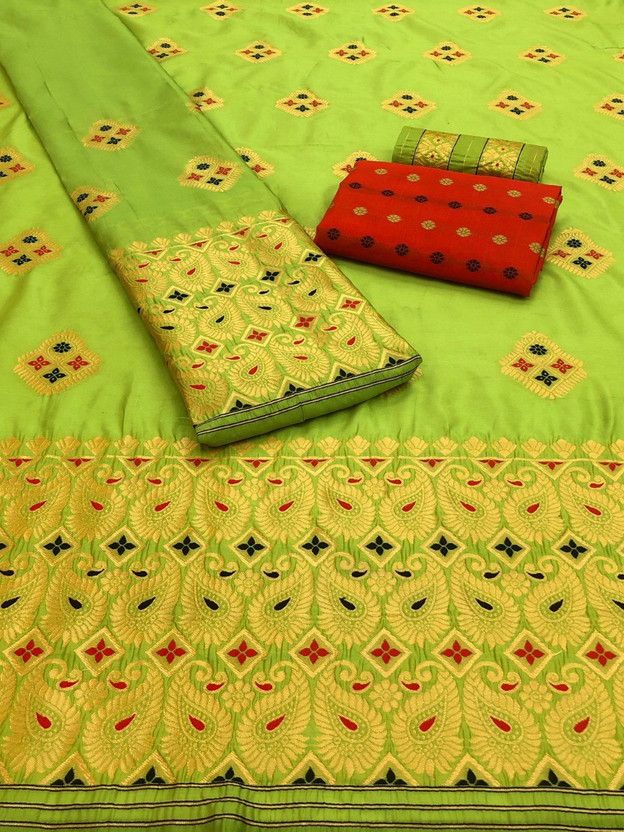 Woven Mekhela Chador Silk Blend Saree  (Red, Light Green)