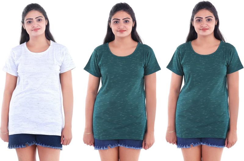 Pack of 3 Women Printed Round Neck Poly Cotton White, Green T-Shirt