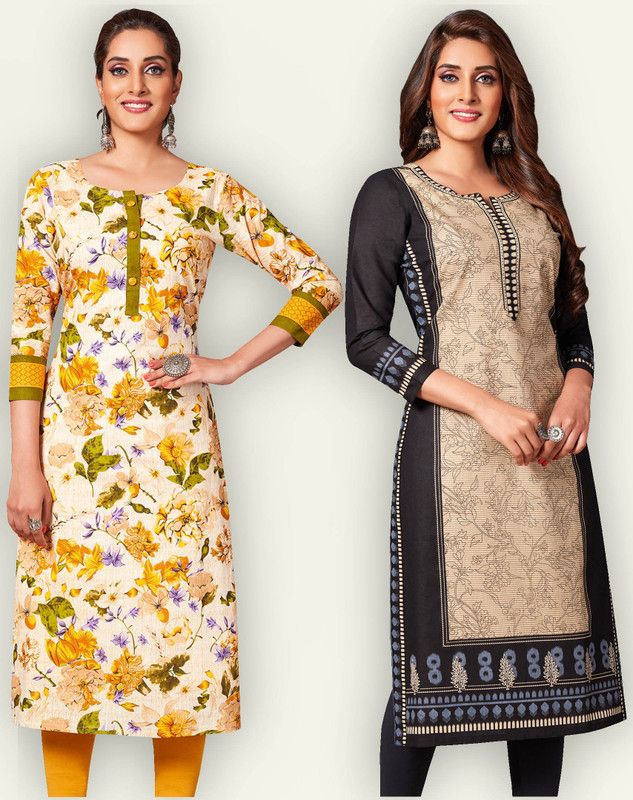 Pack of 2 Women Floral Print Pure Cotton Straight Kurta  (Beige, Black)