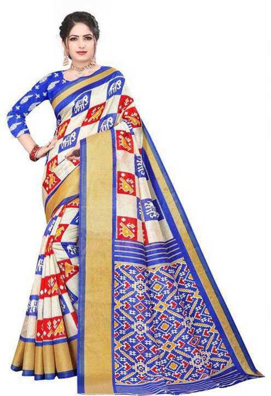 Printed Banarasi Cotton Blend Saree  (Red, White, Blue)