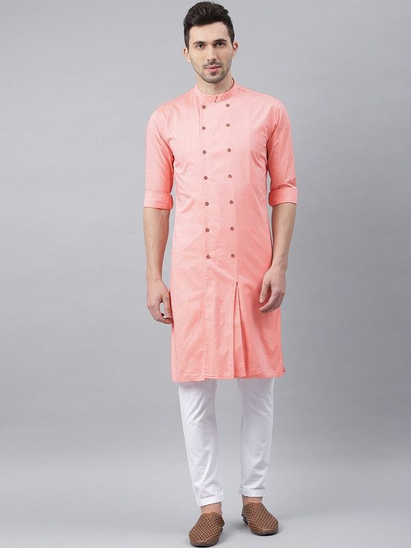 Men Solid Cotton Blend Frontslit Kurta  (Pink)