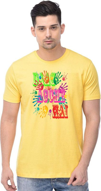 Men Graphic Print Round Neck Poly Cotton Yellow T-Shirt