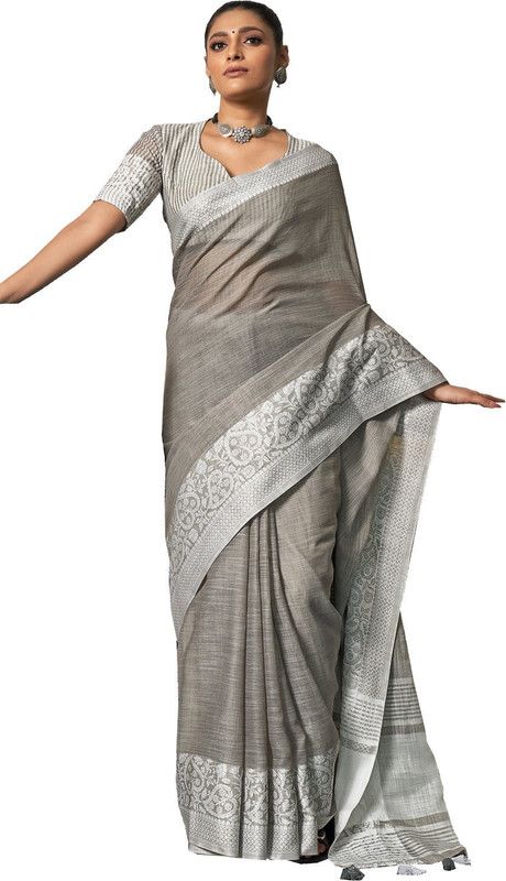 Woven Lucknow Chikankari Linen Saree  (Grey)