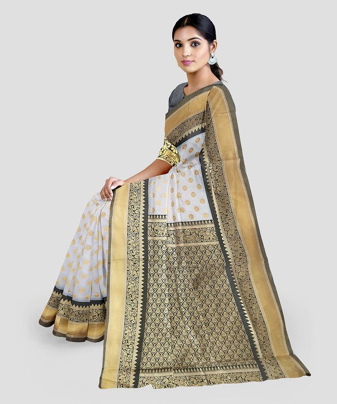 Woven Banarasi Silk Blend Saree  (White, Black)