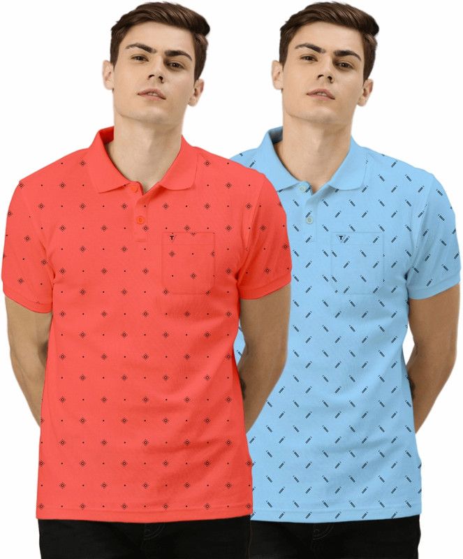 Pack of 2 Men Printed Polo Neck Poly Cotton Red T-Shirt