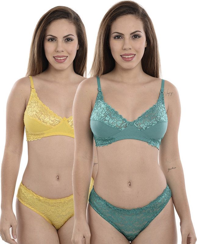 Bra & Panty Set Self Design Green, Yellow Lingerie Set