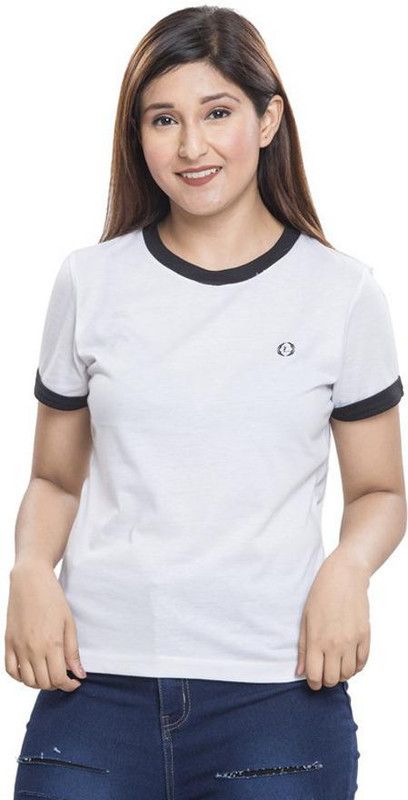 Women Colorblock Round Neck Poly Cotton White T-Shirt