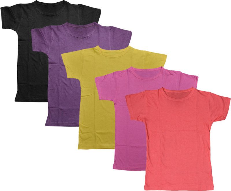 Boys & Girls Solid Polycotton T Shirt  (Multicolor, Pack of 5)