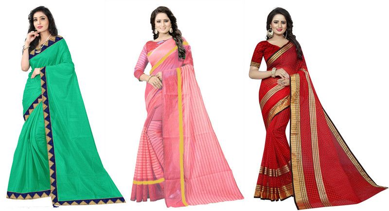 Striped, Solid/Plain, Checkered Daily Wear Art Silk, Cotton Silk Saree  (Pack of 3, Red, Green, Pink)