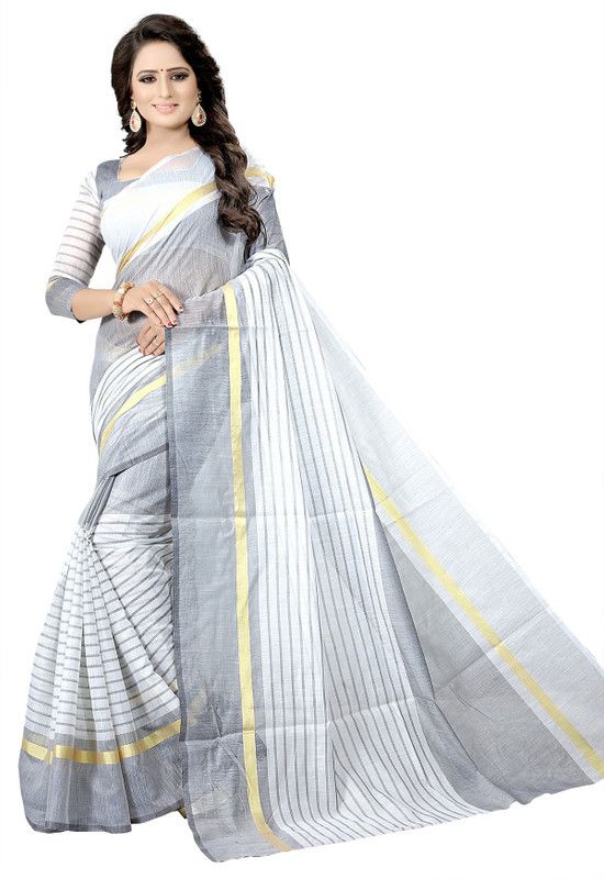 Daily Wear Cotton Blend Saree  (White)
