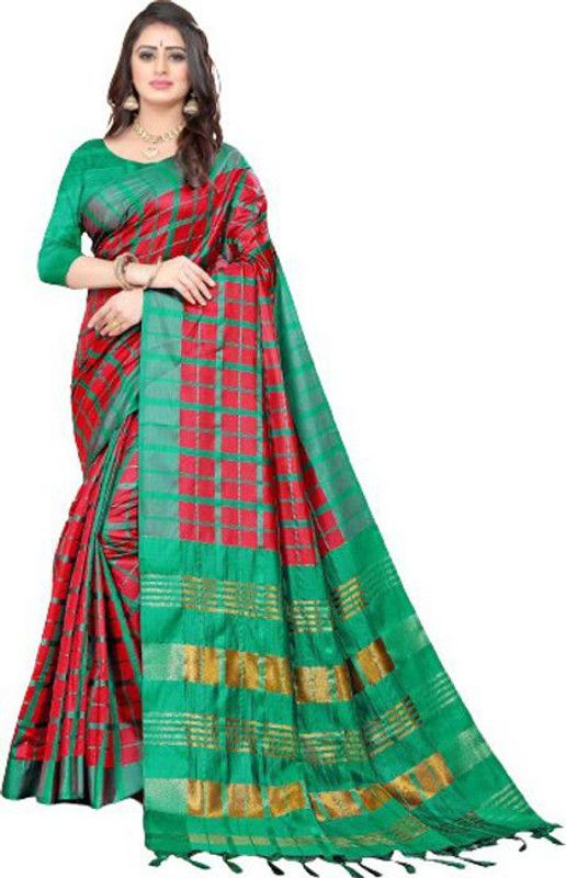 Checkered Chettinadu Art Silk Saree  (Red)