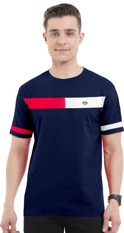 Men Colorblock Round Neck Pure Cotton Navy Blue T-Shirt
