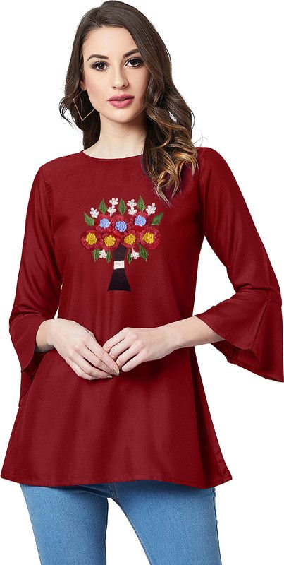 Casual Flared Sleeves Embroidered Women Maroon Top