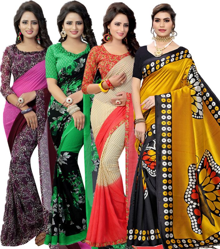 Printed Bollywood Georgette Saree  (Pack of 4, Purple, Red, Green, Black)