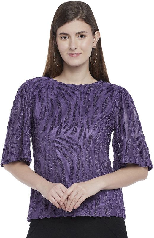 Party Flared Sleeves Animal Print Women Purple Top