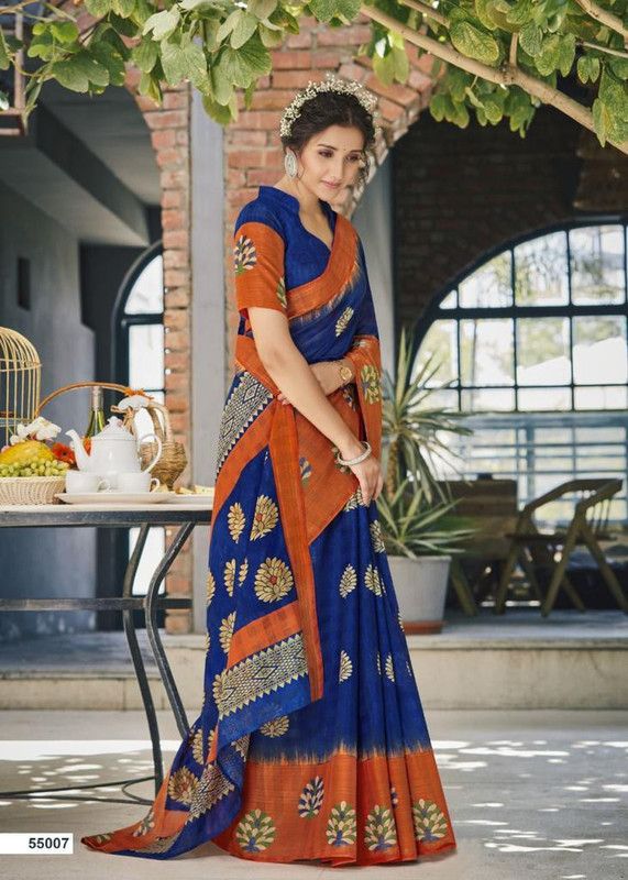 Printed Bollywood Cotton Blend Saree  (Blue, Orange)