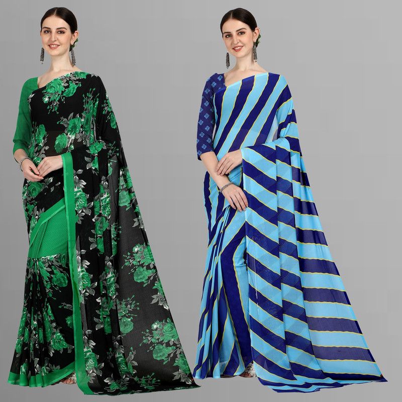 Printed Daily Wear Georgette Saree  (Pack of 2, Light Blue, Black)