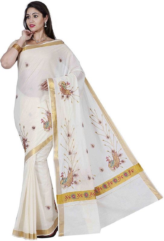 Embroidered Kasavu Cotton Blend Saree  (White)