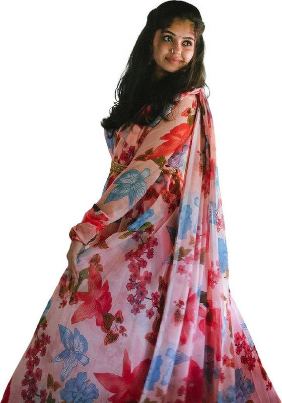 Women Floral Print Georgette Anarkali Kurta With Attached Dupatta  (Multicolor)
