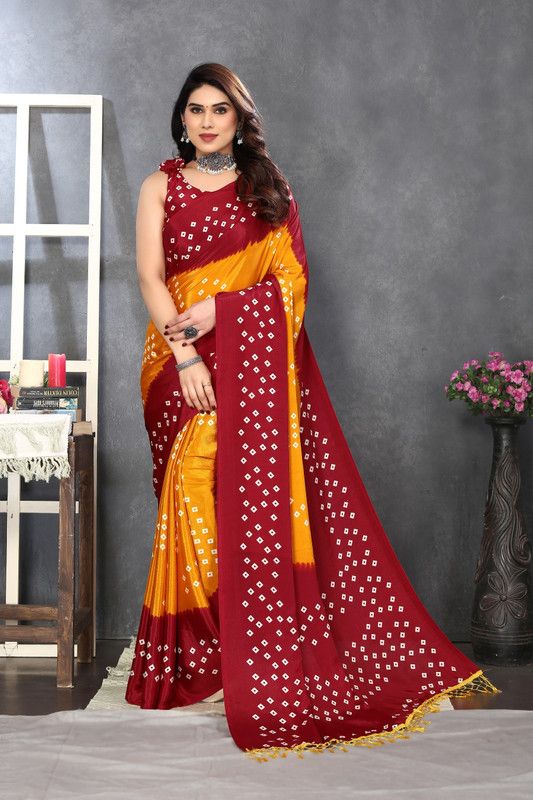 Embellished, Ombre, Paisley, Geometric Print Bandhani Silk Blend, Cotton Silk Saree  (Gold, Maroon)